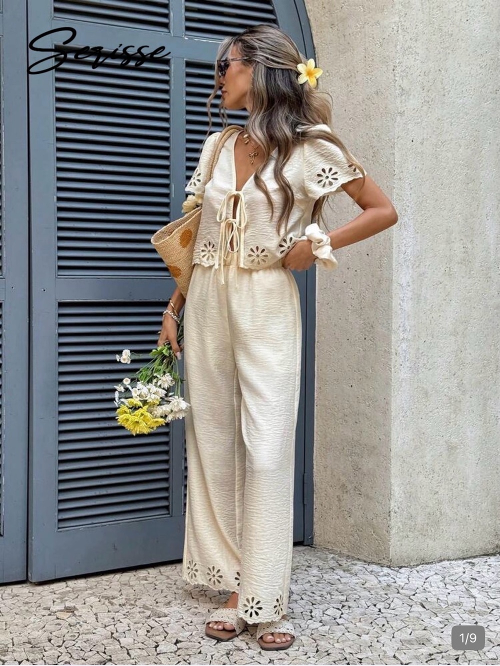 Cream Floral-Cutout Knit Two-Piece Jumpsuit